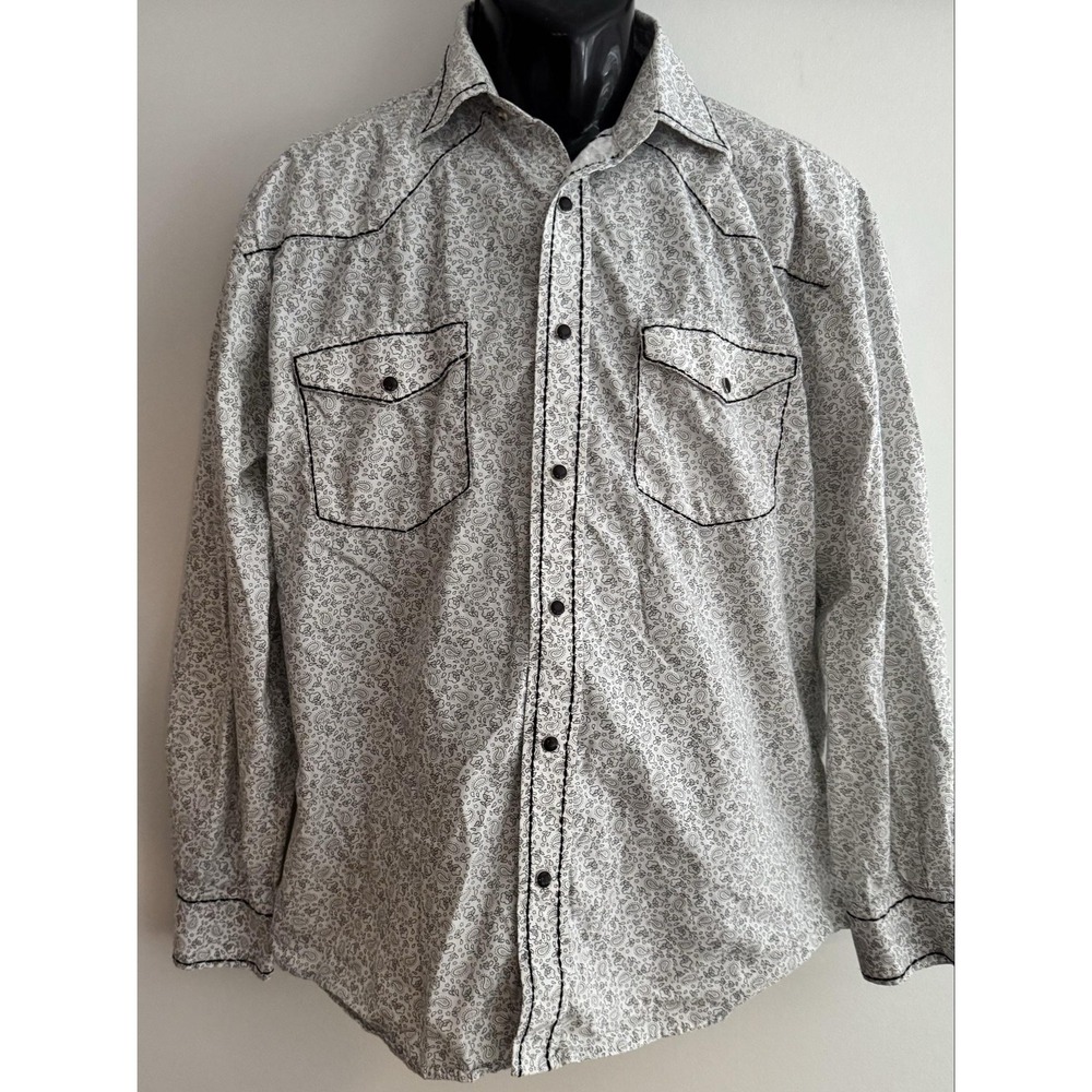 Red Ranch Shirt Mens L White Paisley Long Sleeve Western Snap Button-Up Graphic